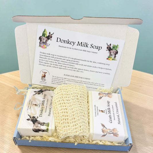 Natural Unscented Goats Milk & Donkey Milk Soap Bar & Soap Bag Gift Set | Gift Boxed